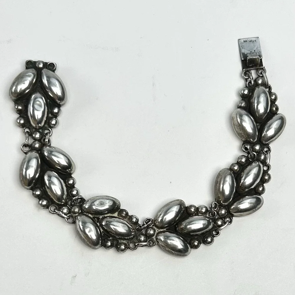 RRA Mexico Sterling Silver 925 Leaf Bead Link Bracelet 7